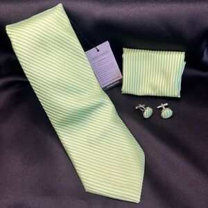 NWT- Elegant Silk Green Striped Tie Set